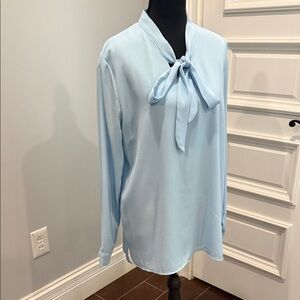 Chic Light Blue Tie-Neck Blouse